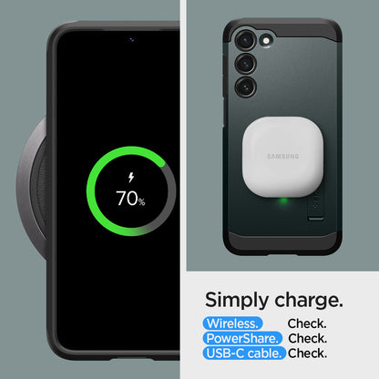 ACS05720 - Galaxy S23 Case Tough Armor in abyss green Simply charge wireless check. power share check. USB-C cable.