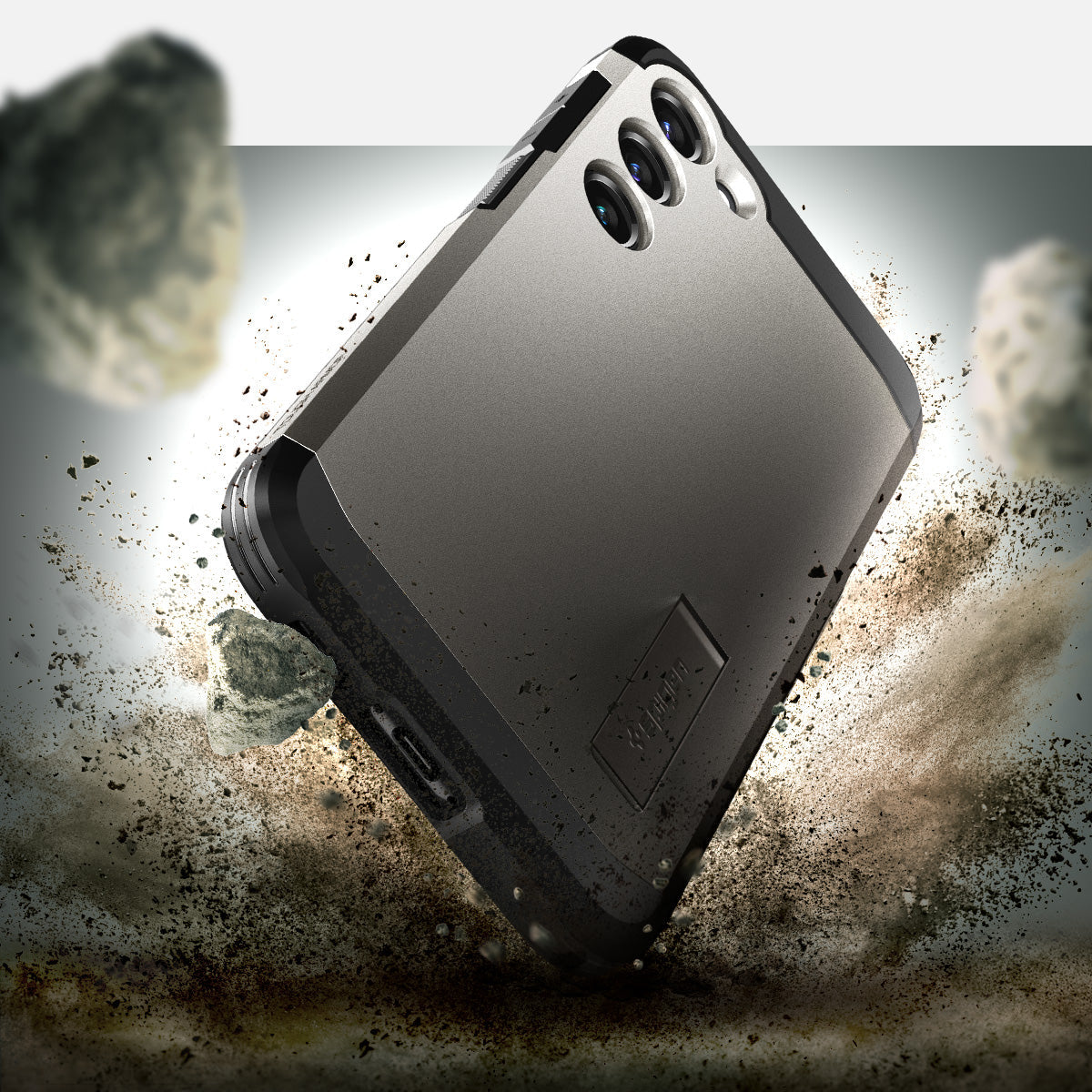 ACS05719 - Galaxy S23 Case Tough Armor in gunmetal showing back in front of the rock.