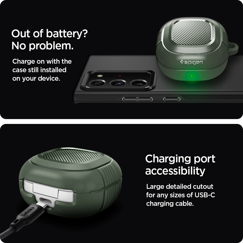ASD02474 - Galaxy Buds 2 Pro / 2 / Pro / Live Case Rugged Armor in military green Out of battery? No problem. Charge on with the case still installed on your device. Charging port accessibility. Large detailed cutout for any sizes of USB-C charging cable.