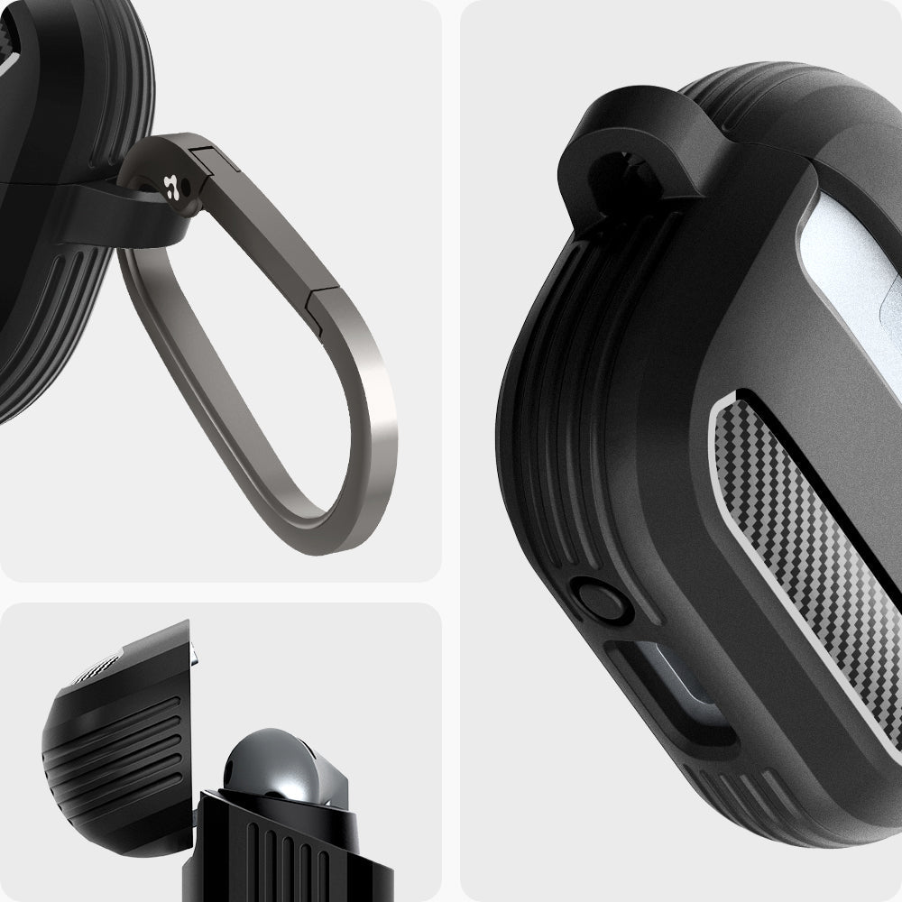 ACS08330 - Galaxy Buds 3 Pro Rugged Armor in Matte Black showing carabiner and side with top open.