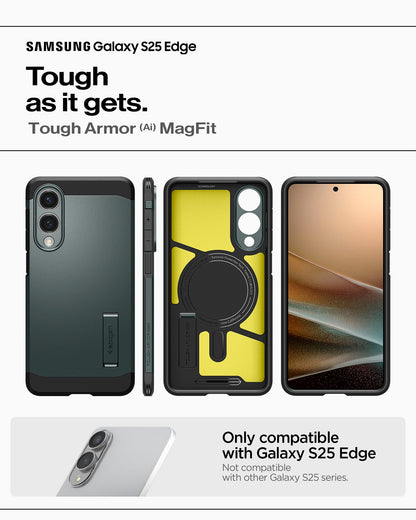 ACS09424 - Galaxy S25 Edge Case Tough Armor AI (MagFit) in Abyss Green showing the compatibility only with Galaxy S25 Edge. Not compatible with other Galaxy S25 series