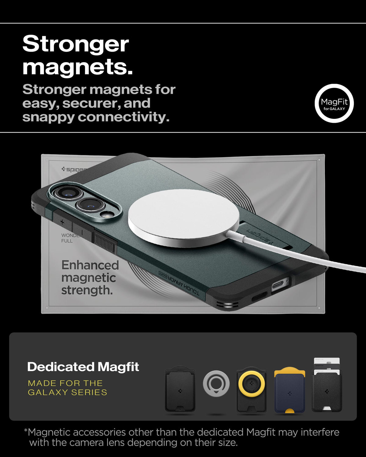 ACS09424 - Galaxy S25 Edge Case Tough Armor AI (MagFit) in Abyss Green showing the stronger magnets for easy, securer, and snappy connectivity. Enhanced magnet strength. Magnetic accessories other than the dedicated Magfit may interfere with the camera lens depending on their size