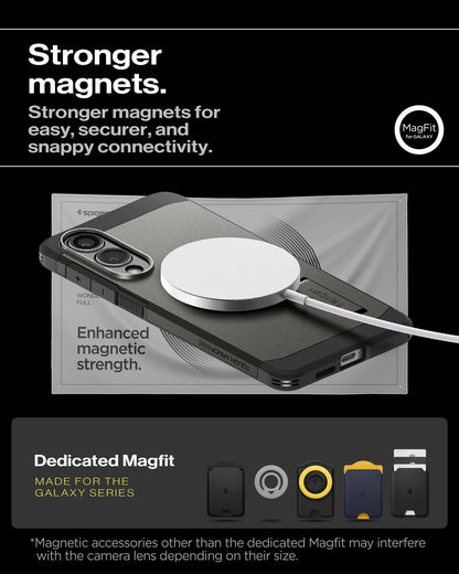 ACS09423 - Galaxy S25 Edge Case Tough Armor AI (MagFit) in Gunmetal showing the stronger magnets for easy, securer, and snappy connectivity. Enhanced magnet strength. Magnetic accessories other than the dedicated Magfit may interfere with the camera lens depending on their size