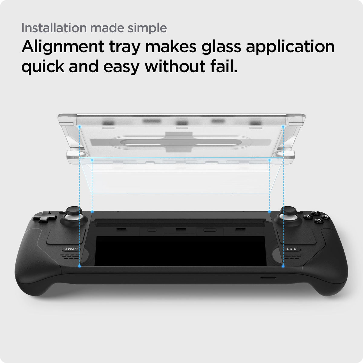 AGL05600 - Steam Deck Screen Protector EZ FIT GLAS.tR showing the installation made simple. Alignment tray makes glass application quick and easy without fail