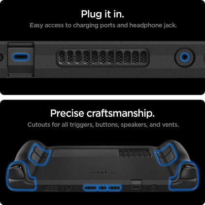 ACS03730 - Steam Deck Case Rugged Armor in matte black showing the easy access to charging ports and headphone jack with precise craftsmanship, cutouts for all triggers, buttons, speakers and vents