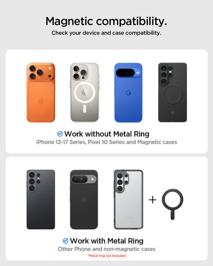 ACP11667 - STIK Dashboard Car Mount | STK100 (Mag Fit) showing a compatibility chart for phones and cases with and without a metal ring