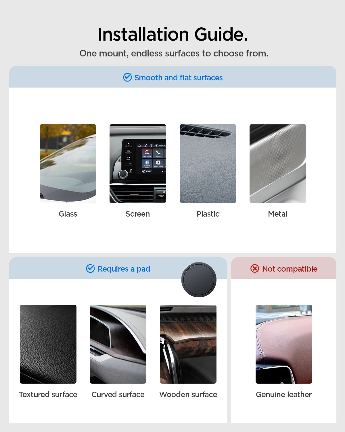 ACP11839 - Installation guide showing the Spigen STK120 mount works directly on glass, screen, plastic, and metal, needs a gel pad on textured, curved, or wooden surfaces, and is not compatible with genuine leather