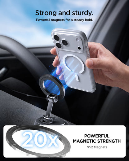 ACP11839 - iPhone attaching to the Spigen STK120 car mount, with a magnetic connection graphic and 20x N52 magnet strength badge