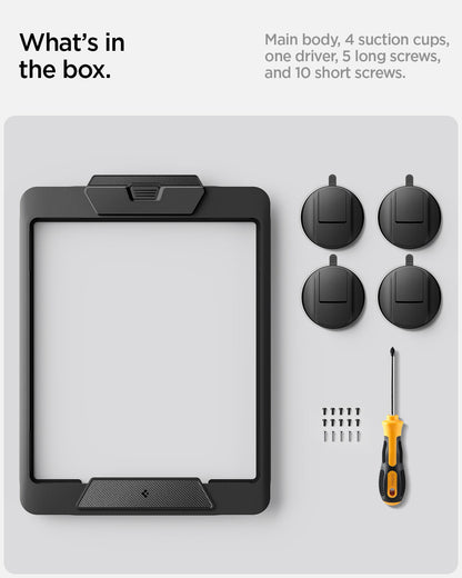 ACP09333 - Starlink Mini Car Mount STL100 showing what's in the box. main body, 4 suction cups, one driver, 5 long screws and 10 short screws