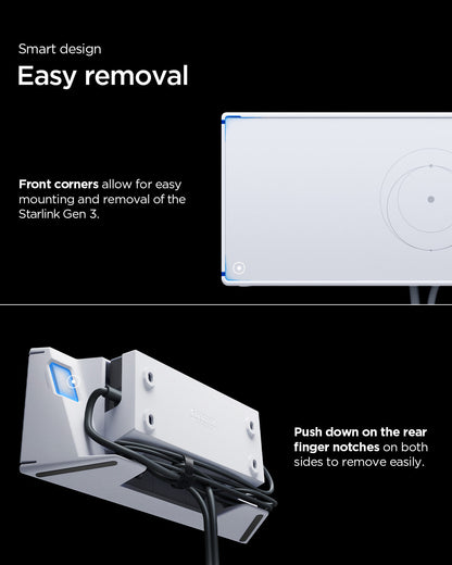 AMP09408 - Starlink Gen 3 Mount | STL310 in White showing its smart design with easy removal. The front corners allow for easy mounting and removal of the Starlink Gen 3. Push down on the rear finger notches on both sides to remove easily.