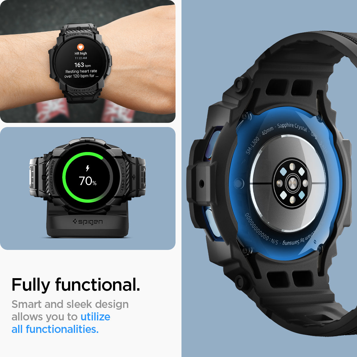 ACS08336 - Galaxy Watch 7 (40mm) Rugged Armor Pro in Matte Black fully functional. Smart design and sleek design allows you to utilize all functionalities.
