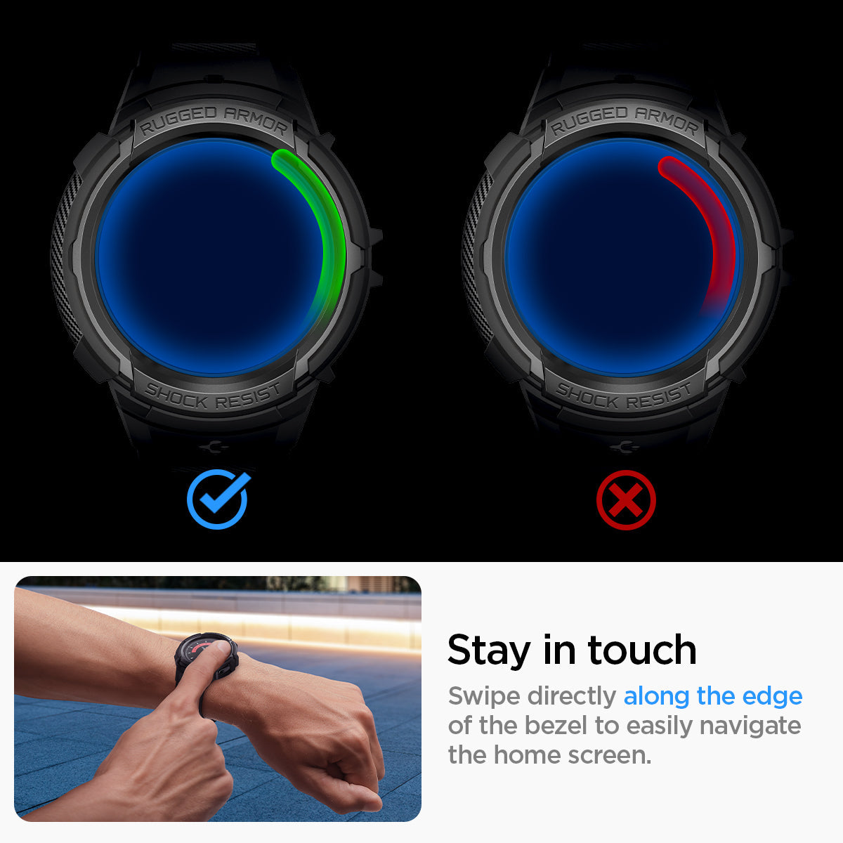 ACS05301 - Galaxy Watch 5 Pro (45mm) Case Rugged Armor Pro in black stay in touch. swipe directly along the edge of the bezel to easily navigate the home screen.