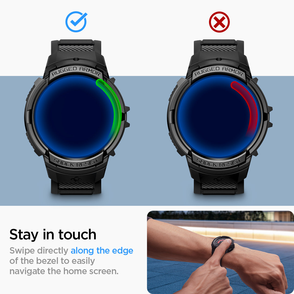 ACS06496 - Galaxy Watch 6 (44mm) Case Rugged Armor Pro in black stay in touch. swipe directly along the edge of the bezel to easily navigate the home screen.