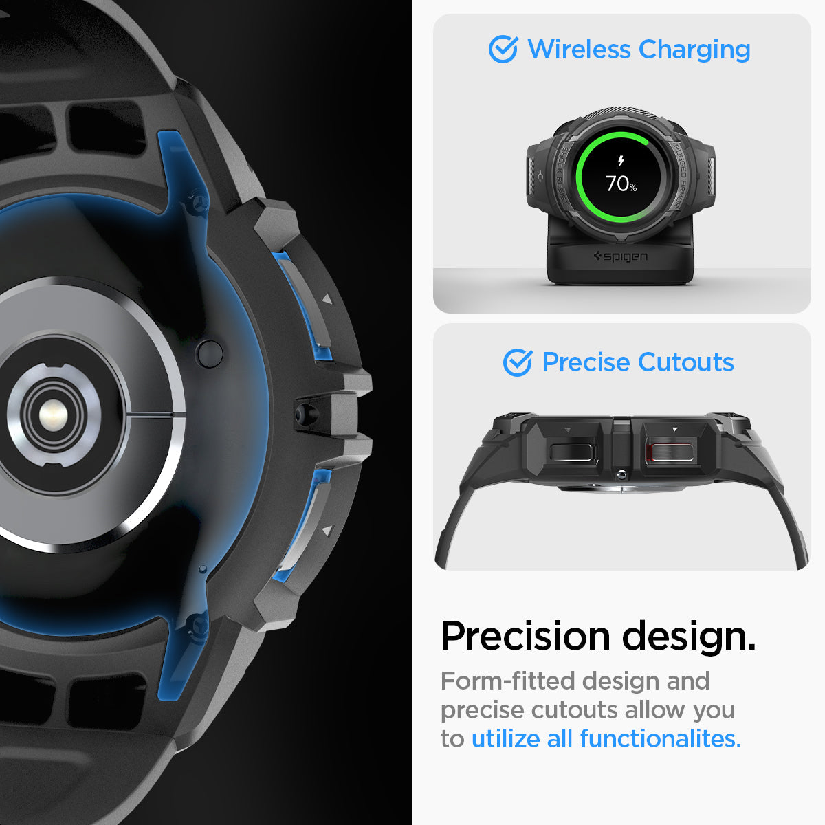 ACS06488 - Galaxy Watch 6 Classic (47mm) Case Rugged Armor Pro in black wireless charging. power share. precision design. Form fitted design and precise cutouts allow you to utilize all functionalites.