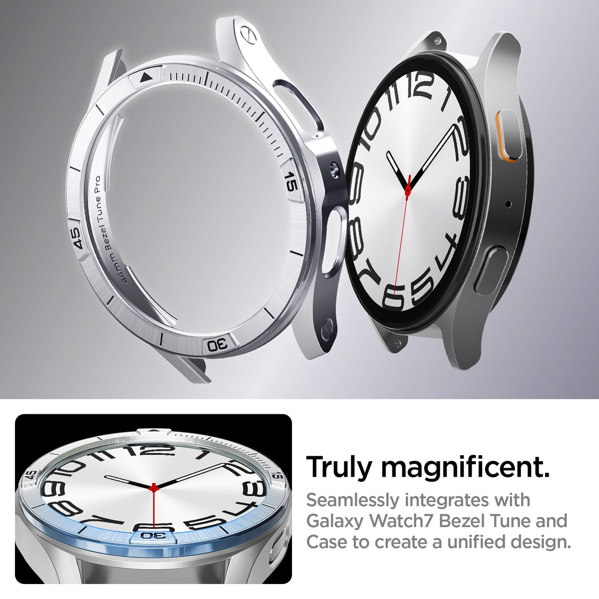 ACS08343 - New Galaxy Watch Bezel Tune Pro in Silver truly magnificent. Seamlessly integrates with galaxy watch7 bezel tune and case to create a unified design.