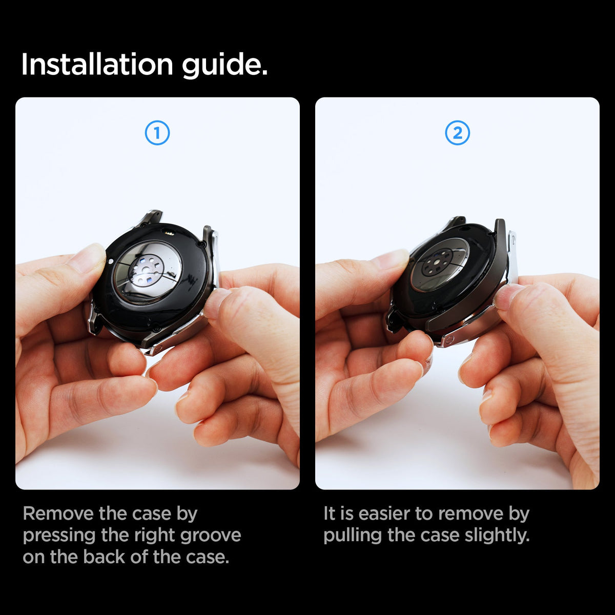 ACS08343 - New Galaxy Watch Bezel Tune Pro in Silver installation guide. Remove the case by pressing the right groove on the back of the case. It is easier to remove by pulling the case slightly.