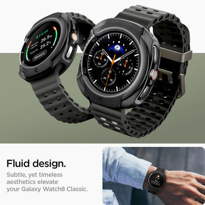 ACS09841 - Galaxy Watch 8 46mm Liquid Air showing front and side angles with lifestyle shot of man wearing the cased watch on wrist