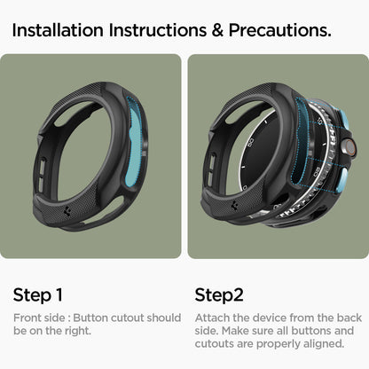 ACS09841 - Galaxy Watch 8 46mm Liquid Air showing two-step installation instructions with front and back alignment guides
