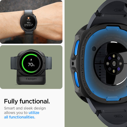 ACS09840 - Galaxy Watch 9 (44mm) Liquid Air showing fully functional button and sensor access with wrist shot and charging dock compatibility