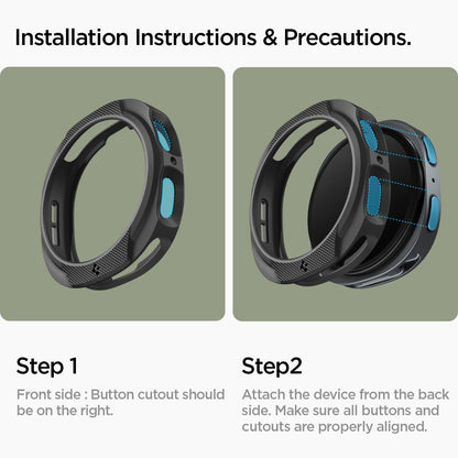 ACS09840 - Galaxy Watch 9 (44mm) Liquid Air showing two-step installation instructions with front and back alignment guides