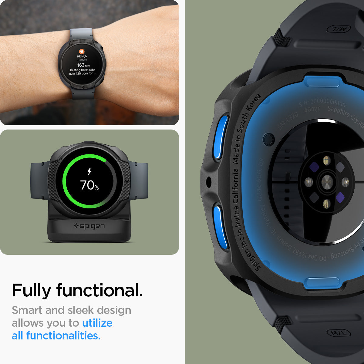 ACS09839 - Galaxy Watch 9 (40mm) Liquid Air showing fully functional button and sensor access with wrist shot and charging dock compatibility