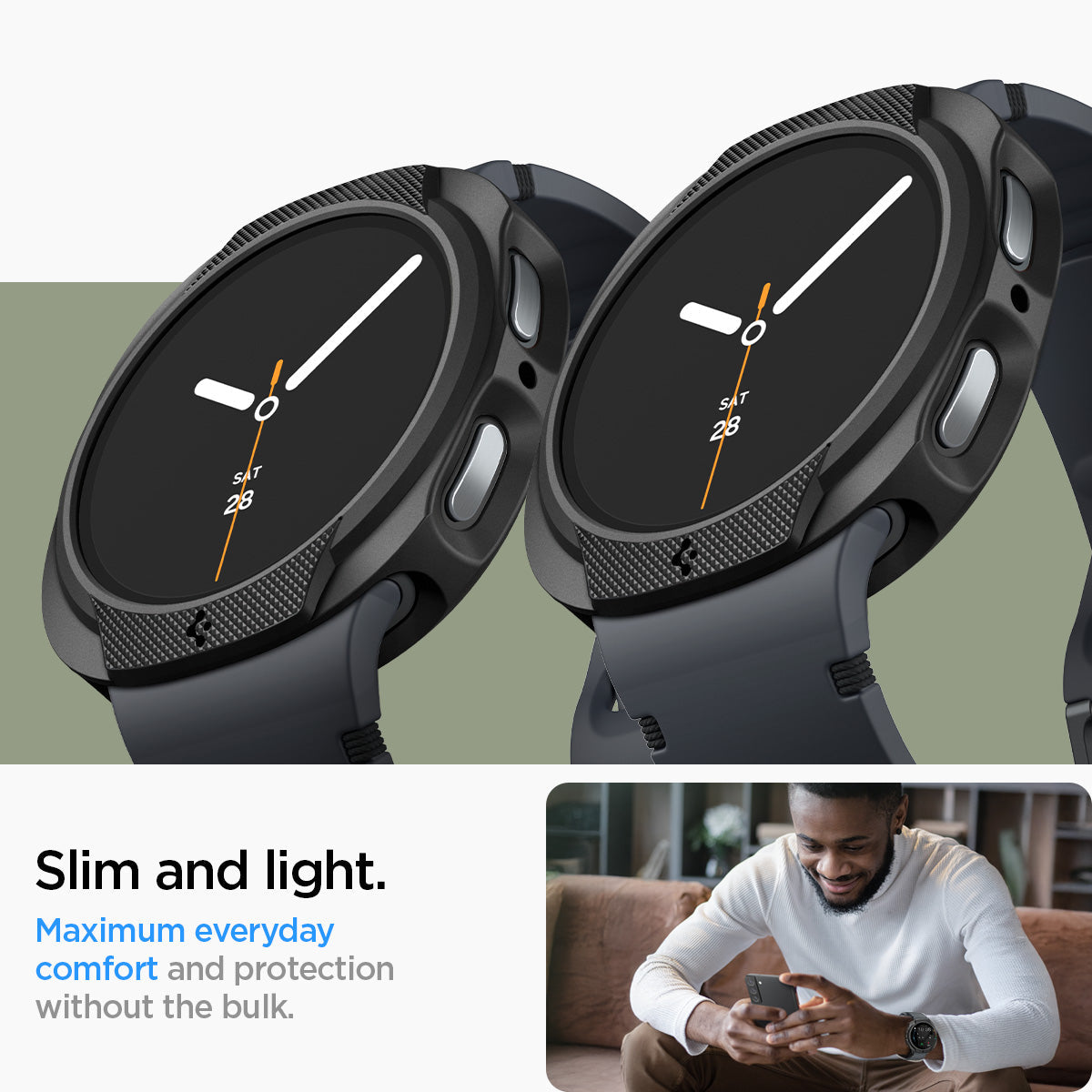 ACS09839 - Galaxy Watch 9 (40mm) Liquid Air showing slim profile from two angles with lifestyle shot of man wearing the cased watch