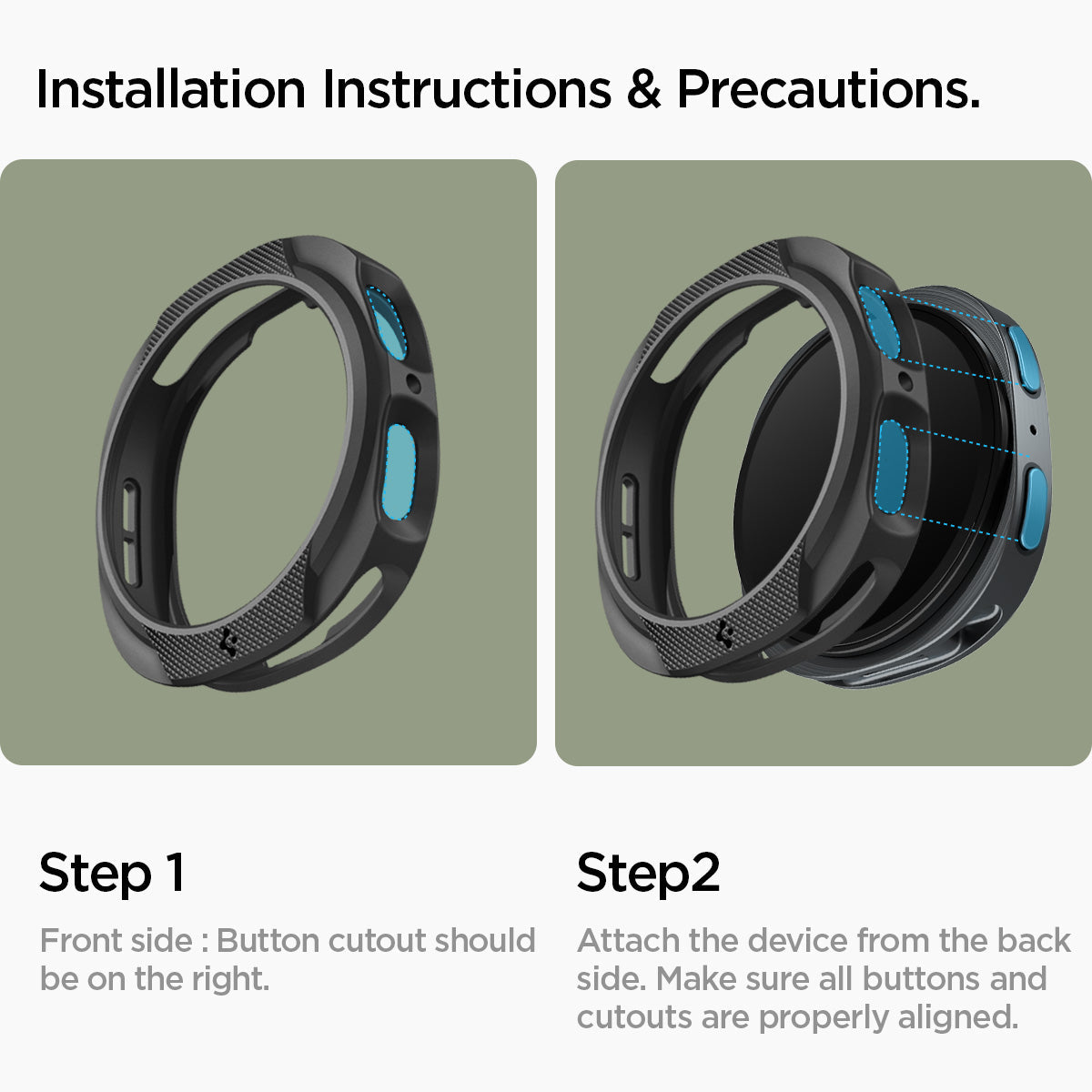 ACS09839 - Galaxy Watch 9 (40mm) Liquid Air showing two-step installation instructions with front and back alignment guides
