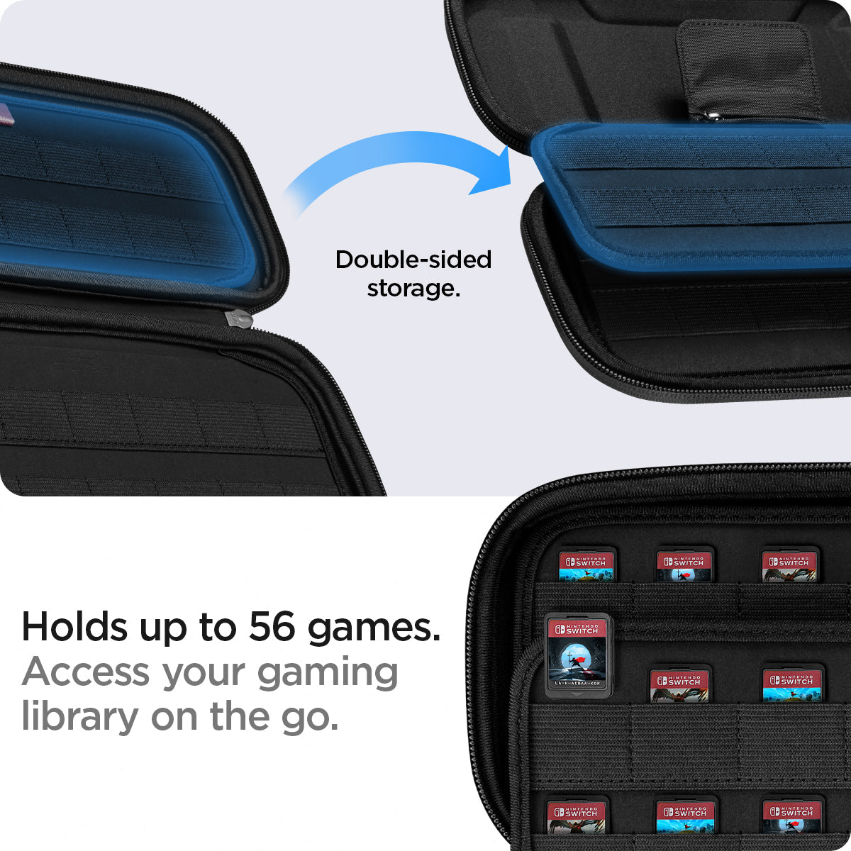 AFA040211 - Nintendo Switch OLED Rugged Armor Pro Pouch in matte black showing the double sided storage. Holds up to 56 games. Access your gaming library on the go
