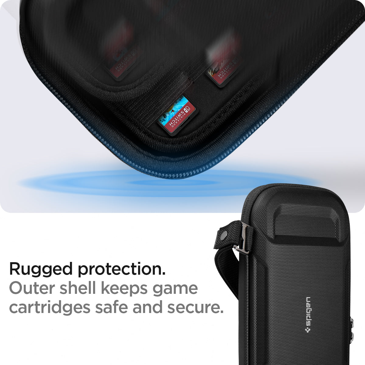 AFA040211 - Nintendo Switch OLED Rugged Armor Pro Pouch in matte black showing the rugged protection. Outer shell keeps game cartridges safe and secure