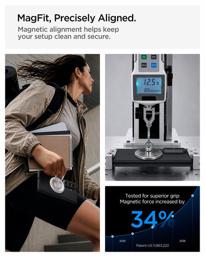 ACS11492 - Galaxy Z Fold 8 Ultra Air Fit Pro (Mag Fit) Black showing the "MagFit, Precisely Aligned" graphic, with a lifestyle photo of a person holding the phone and books, alongside a lab image measuring magnetic force at 12.5N