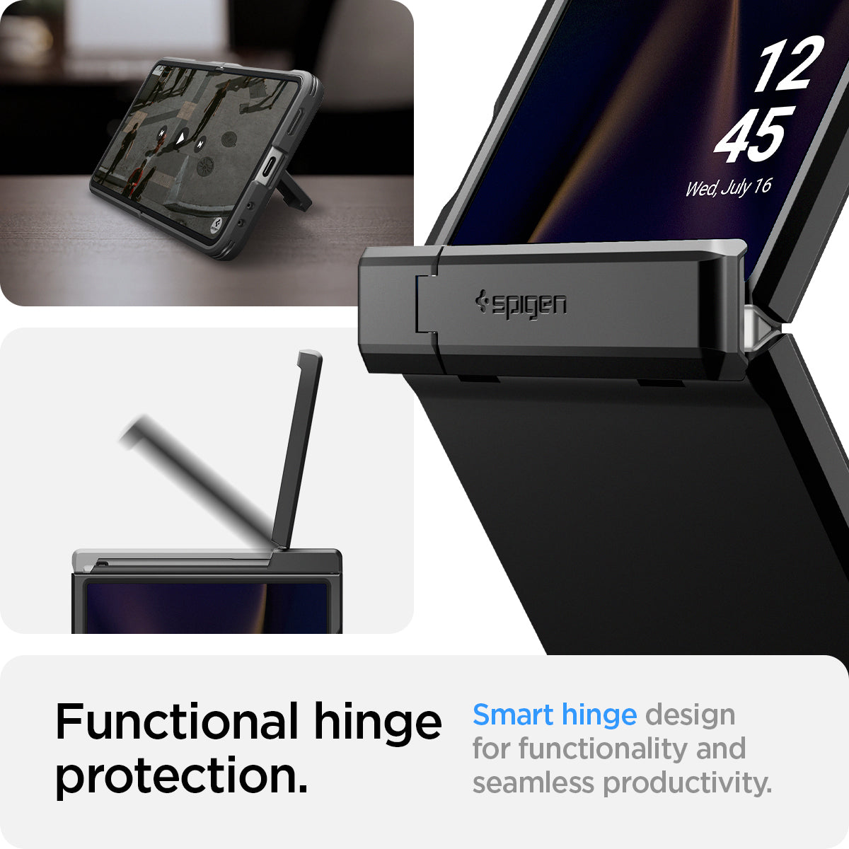 ACS09561 - Galaxy Z Flip 7 Case Tough Armor Pro (MagFit) in black showing the functional hinge protection. Smart hinge design for functionality and seamless productivity.