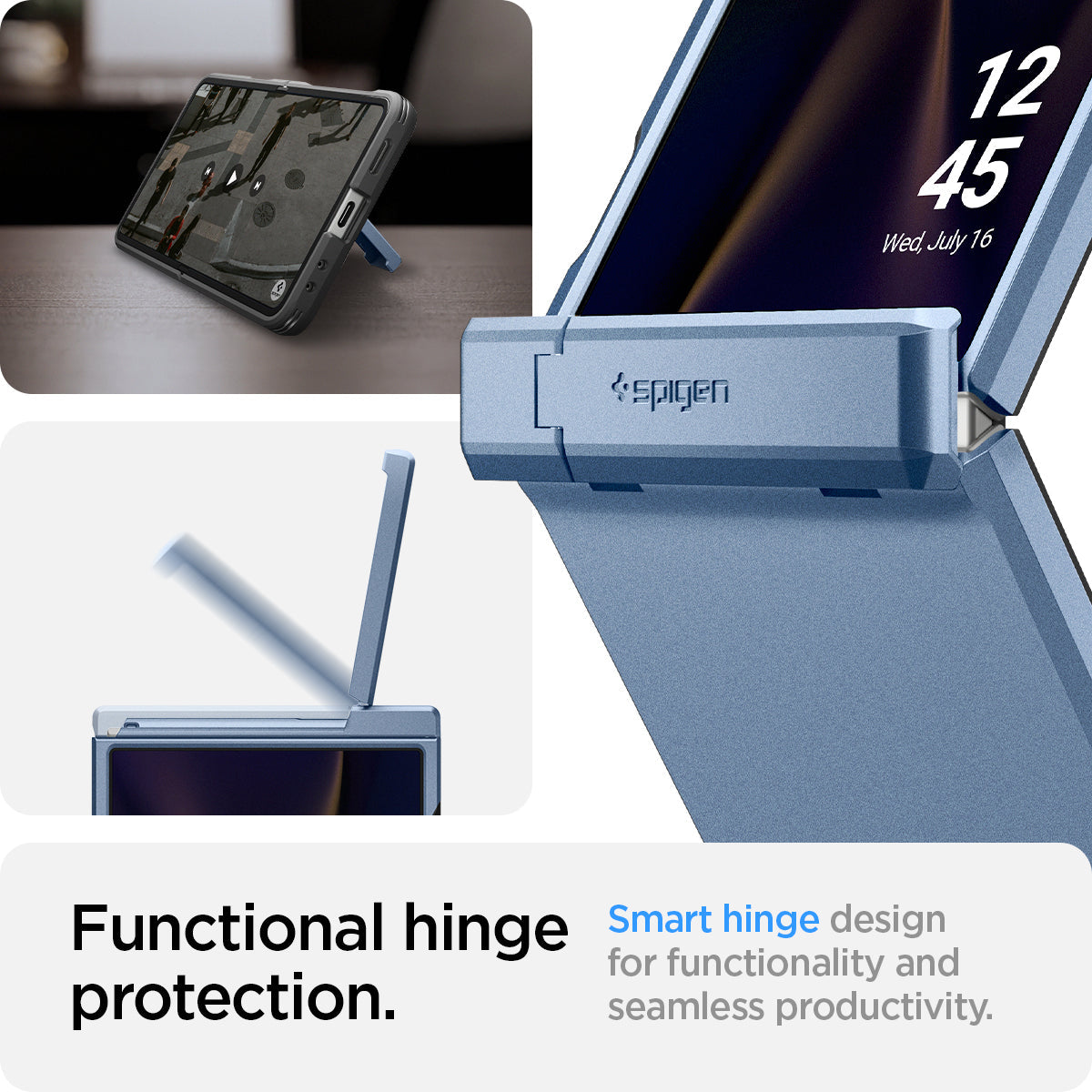 ACS09562 - Galaxy Z Flip 7 Case Tough Armor Pro (MagFit) in sierra blue showing the functional hinge protection. Smart hinge design for functionality and seamless productivity