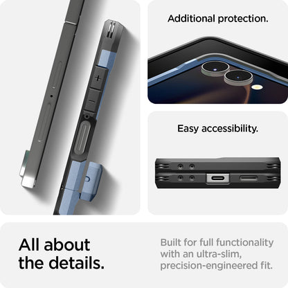 ACS09562 - Galaxy Z Flip 7 Case Tough Armor Pro (MagFit) in sierra blue showing the additional protection and easy accessibility. All about the details. Built for full functionality with an ultra-slim, precision-engineered fit
