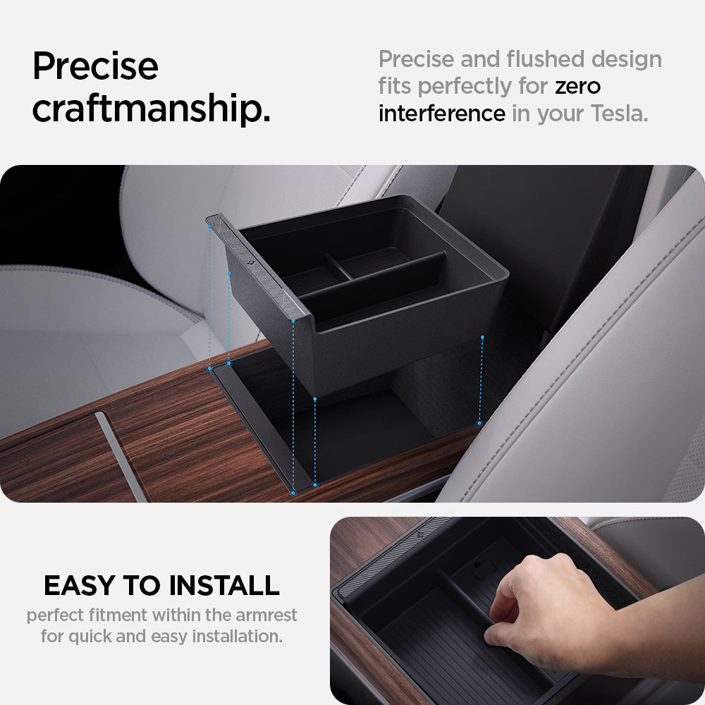 ACP06952 - Tesla Model S & X Center Console Organizer Tray in black precise craftsmanship. precise and flushed design fits perfectly for zero interference in your Tesla. Easy to install perfect fitment within the armrest for quick and easy installation.