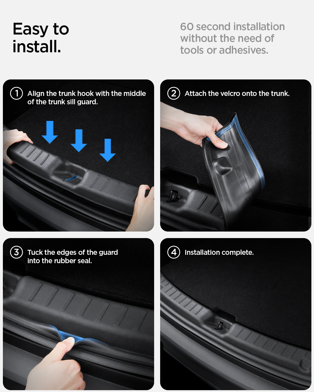 ACP09759 - Tesla Model Y Juniper Trunk Sill Guard | TG100-YJ in black showing the easy to install instructions