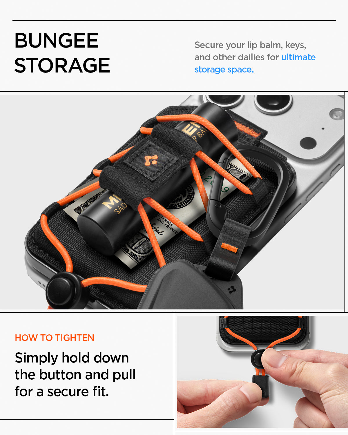 AFA10552 - Tiefit Card Holder (MagFit) in Black showing bungee storage. simply hold down the button and pull for a secure fit
