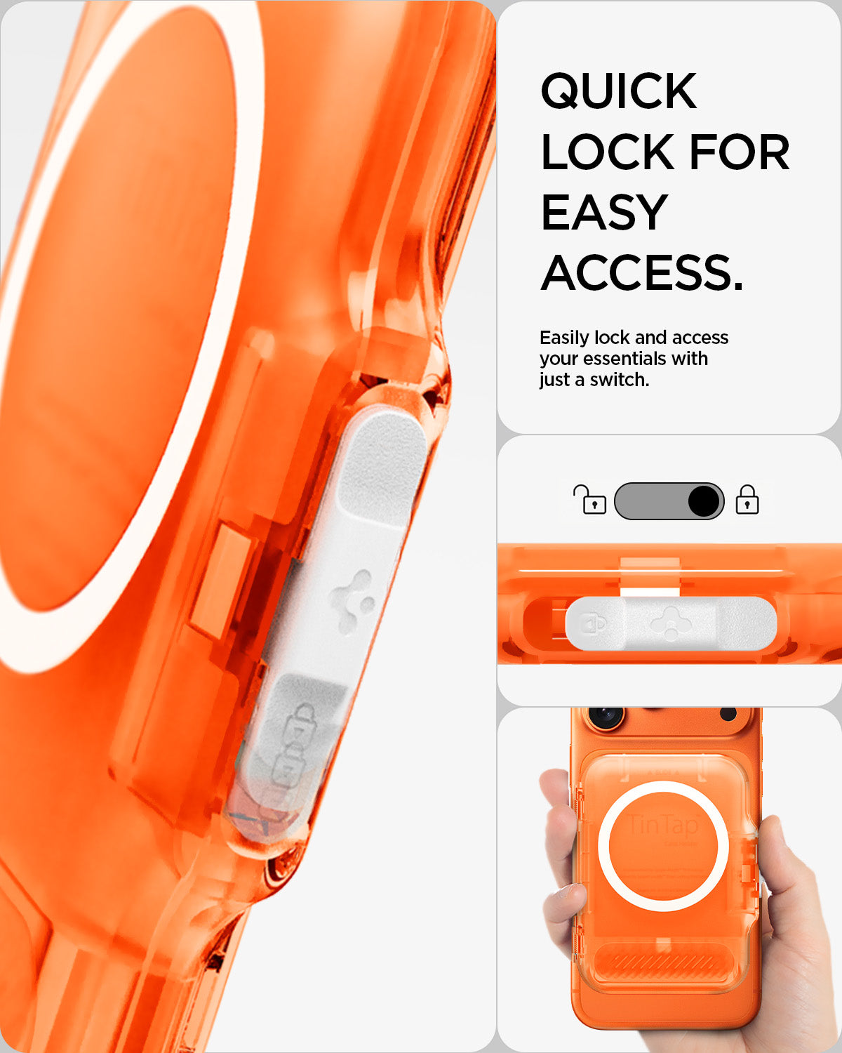 AFA11381 - MagSafe Card Holder Tintap (MagFit) in Frost Clear Orange showing quick lock for easy access