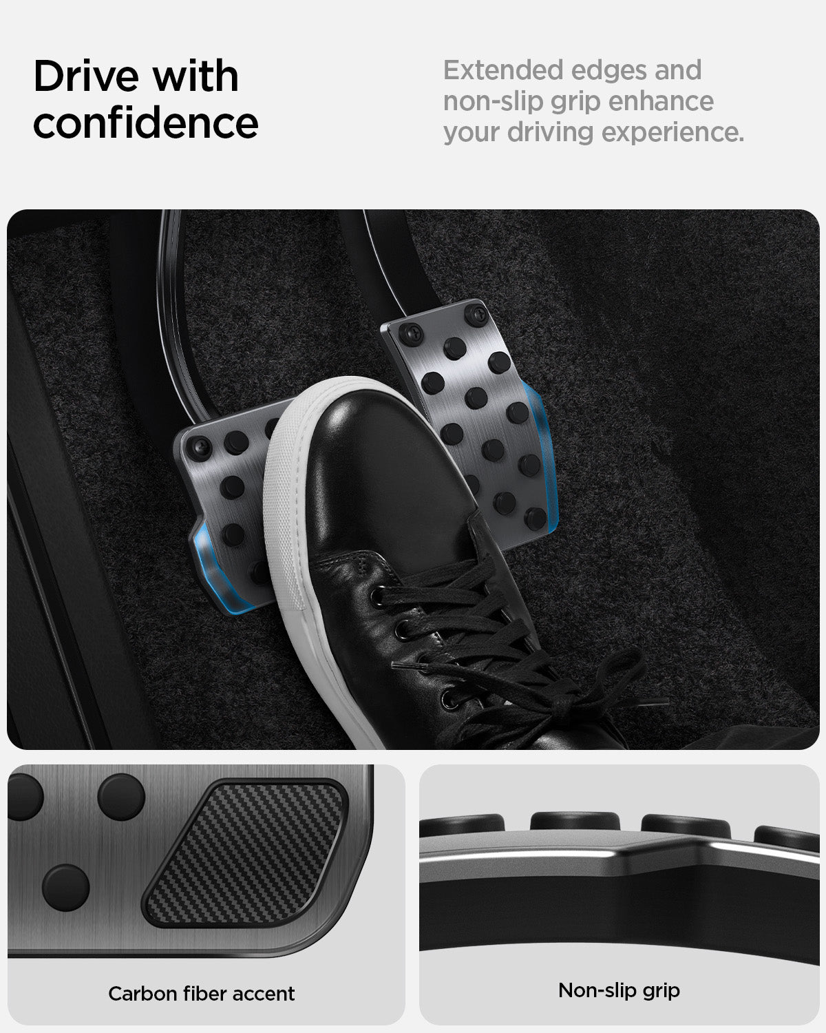 ACP04510 - Tesla Series - Pedal Cover | TO200 showing the extended edges and non-slip grip enhance your driving experience with carbon fiber accent and non-slip grip