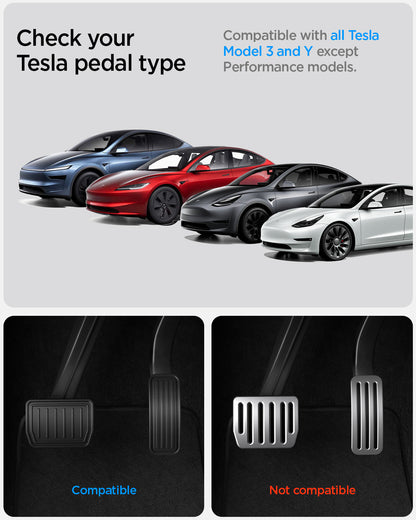 ACP11627 - Tesla Series - Pedal Covers Performance Line Design | TO200P showing Tesla Model 3 and Model Y pedal compatibility guide excluding Performance models