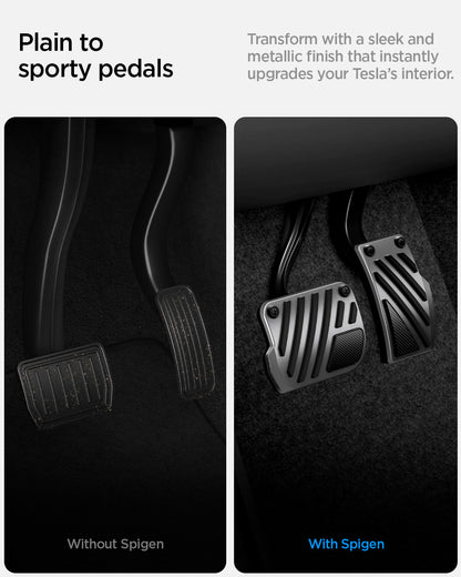 ACP11627 - Tesla Series - Pedal Covers Performance Line Design | TO200P showing Tesla pedal covers transforming factory pedals with sporty brushed metal styling