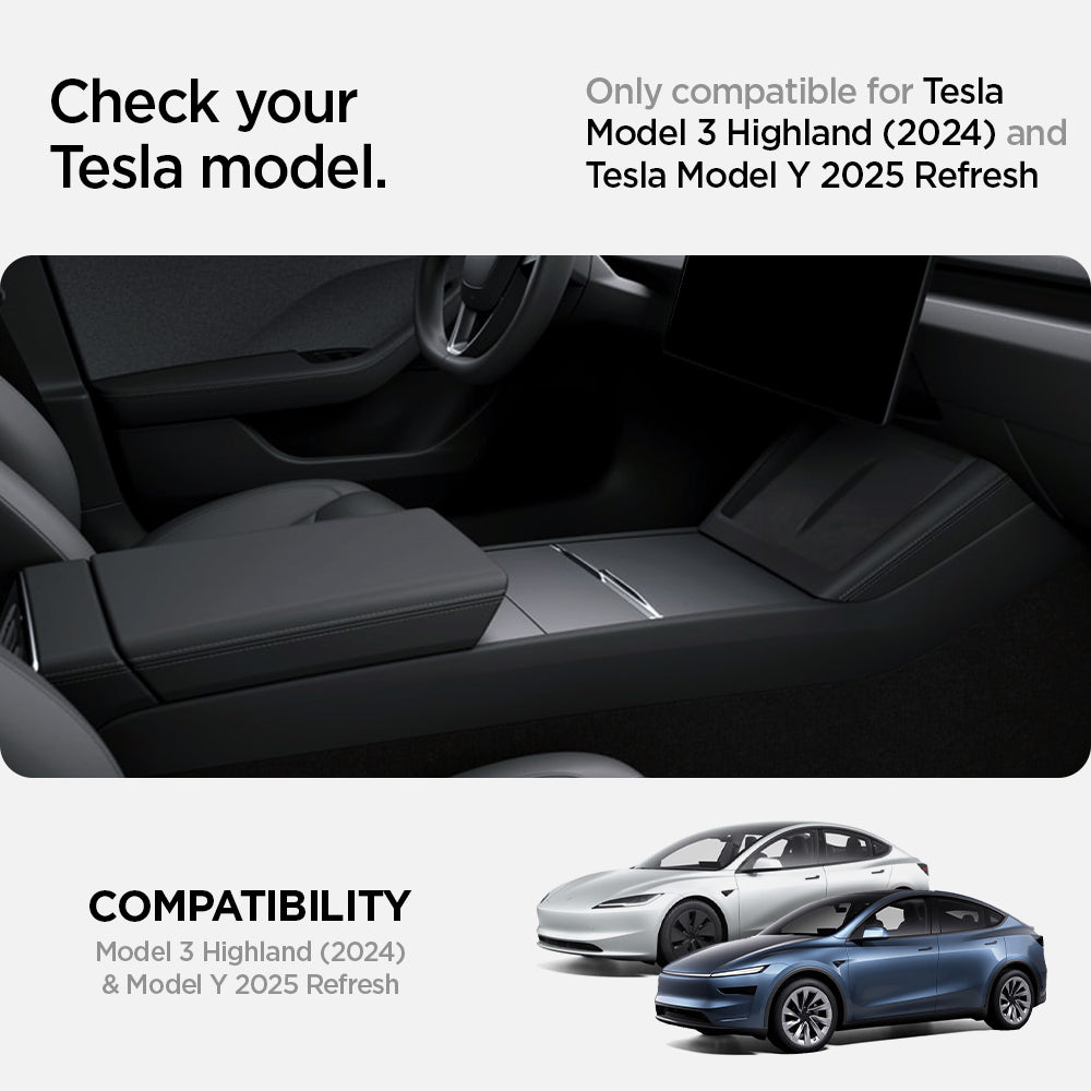 ACP07407 - Model 3 (2024-2025) Highland | Model Y (2025) Refresh Center Console Organizer Upper Tray Non Slide | TO220H showing the compatibility only with Tesla Model 3 Highland (2024) and Tesla Model Y 2025 Refresh