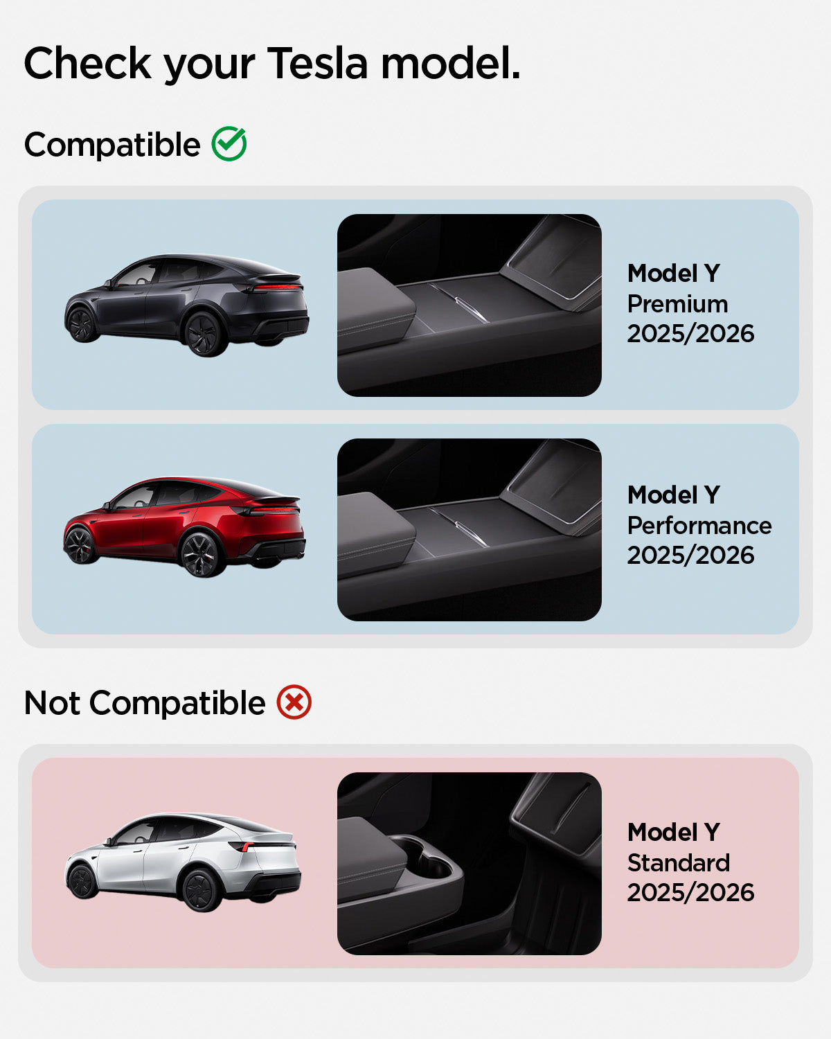 ACP10951 - Tesla Series - Sliding Console Organizer with Bottle Holder | TO220SC showing compatibility. not compatible with model y standard