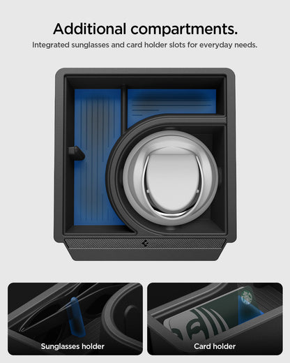 ACP10951 - Tesla Series - Sliding Console Organizer with Bottle Holder | TO220SC showing additional compartments. integrated sunglasses and card holder slots for everyday needs