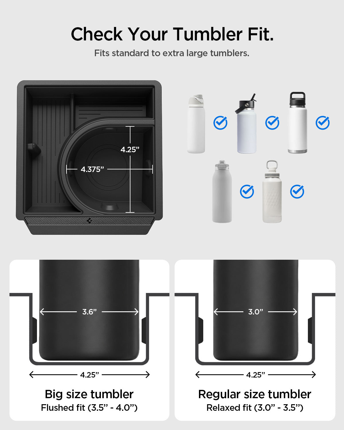 ACP10951 - Tesla Series - Sliding Console Organizer with Bottle Holder | TO220SC showing check your tumbler fit.