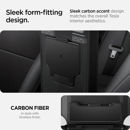 ACP07408 - Tesla Model Y 2025 Refresh & 3 Highland - Center Console Hidden Storage Box sleek form fitting design. sleek carbon accent design matches the overall tesla interior aesthetics. Carbon fiber. In style with timeless finish.