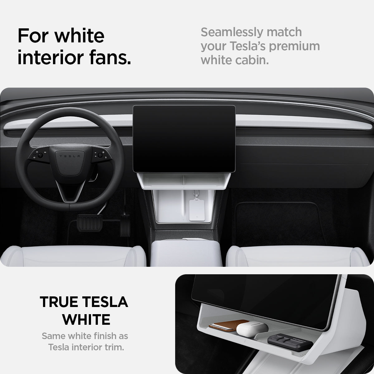 ACP11578 - Tesla Series - Under Screen Organizer | TO227H in White showing a storage organizer matching a white vehicle interior and mounted below the center display