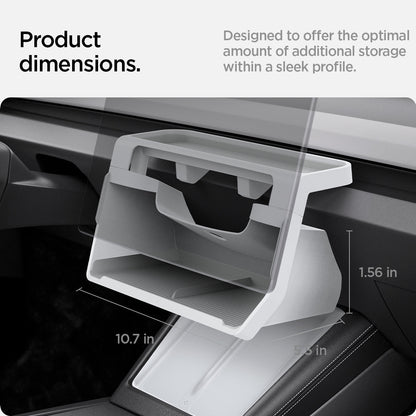 ACP11578 - Tesla Series - Under Screen Organizer | TO227H in White showing the storage organizer mounted below the center display with dimensions of 10.7 by 5.5 by 1.56 inches