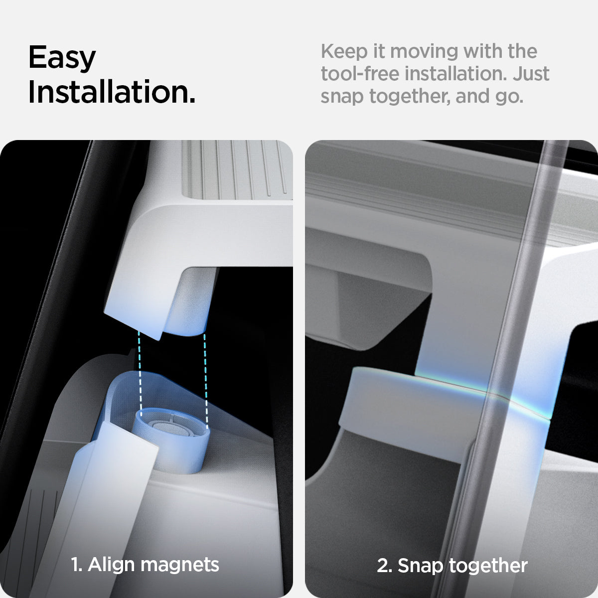 ACP11578 - Tesla Series - Under Screen Organizer | TO227H in White showing two steps to align the magnetic connectors and snap the storage organizer together