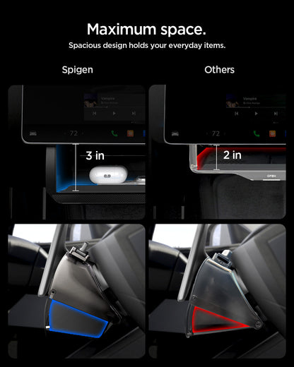 ACP11105 - Tesla Series - Under Screen Organizer | TO227JH showing side by side storage depth comparison of Spigen organizer at 3 inches versus competitor at 2 inches