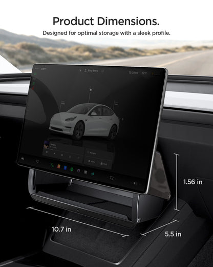 ACP11105 - Tesla Series - Under Screen Organizer | TO227JH showing product dimensions of 10.7 by 5.5 by 1.56 inches installed beneath Tesla center touchscreen